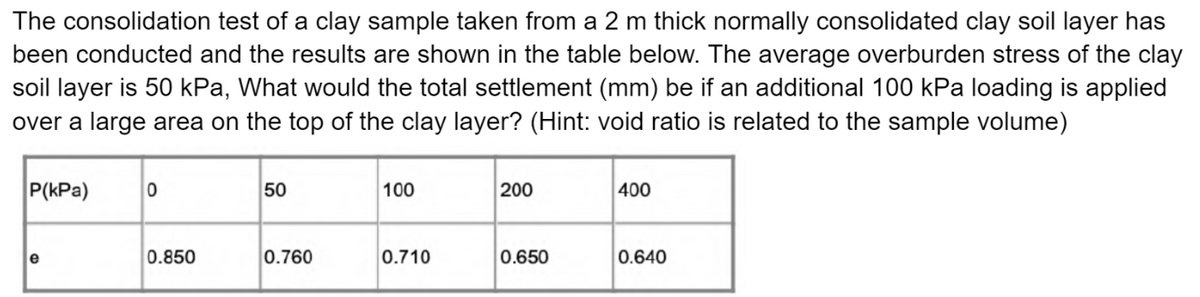 The consolidation test of a clay sample taken from a 2 m thick normally consolidated clay soil layer has
been conducted and the results are shown in the table below. The average overburden stress of the clay
soil layer is 50 kPa, What would the total settlement (mm) be if an additional 100 kPa loading is applied
over a large area on the top of the clay layer? (Hint: void ratio is related to the sample volume)
P(kPa)
0
50
100
200
400
e
0.850
0.760
0.710
0.650
0.640