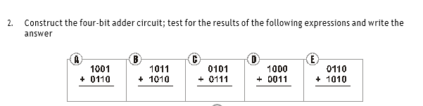 2.
Construct the four-bit adder circuit; test for the results of the following expressions and write the
answer
1001
+ 0110
1011
0101
+ 0111
1000
+ 0011
0110
+ 1010
+ 1010
