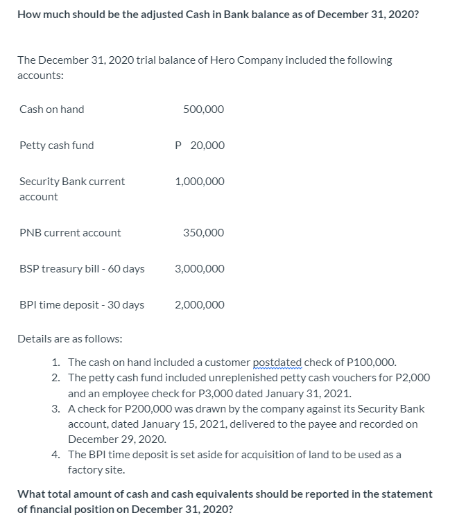 How much should be the adjusted Cash in Bank balance as of December 31, 2020?
The December 31, 2020 trial balance of Hero Company included the following
accounts:
Cash on hand
500,000
Petty cash fund
P 20,000
Security Bank current
1,000,000
account
PNB current account
350,000
BSP treasury bill - 60 days
3,000,000
BPI time deposit - 30 days
2,000,000
Details are as follows:
1. The cash on hand included a customer postdated check of P100,000.
2. The petty cash fund included unreplenished petty cash vouchers for P2,000
and an employee check for P3,000 dated January 31, 2021.
3. A check for P200,000 was drawn by the company against its Security Bank
account, dated January 15, 2021, delivered to the payee and recorded on
December 29, 2020.
4. The BPI time deposit is set aside for acquisition of land to be used as a
factory site.
What total amount of cash and cash equivalents should be reported in the statement
of financial position on December 31, 2020?
