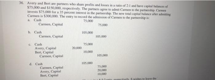 36. Avery and Bert are partners who share profits and losses in a ratio of 2:1 and have capital balances of
$75,000 and $150,000, respectively. The partners agree to admit Carmen to the partnership. Carmen
invests $75,000 for a 35 percent interest in the partnership. The new total capital balance after admitting
Carmen is $300,000. The entry to record the admission of Carmen to the partnership is:
a. Cash
75,000
Carmen, Capital
75,000
b. Cash
105,000
Carmen, Capital
105,000
c. Cash
Avery, Capital
Bert, Capital
Carmen, Capital
75,000
20,000
10,000
105,000
d. Cash
105,000
Carmen, Capital
Avery, Capital
Bert, Capital
75,000
20,000
10,000
atin msnortively S wishes to leave the
