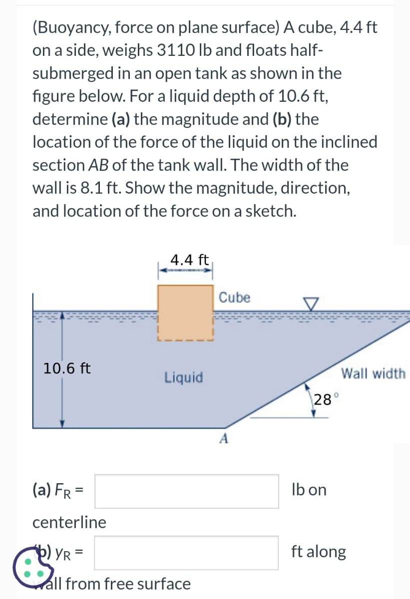 (Buoyancy, force on plane surface) A cube, 4.4 ft
on a side, weighs 3110 lb and floats half-
submerged in an open tank as shown in the
figure below. For a liquid depth of 10.6 ft,
determine (a) the magnitude and (b) the
location of the force of the liquid on the inclined
section AB of the tank wall. The width of the
wall is 8.1 ft. Show the magnitude, direction,
and location of the force on a sketch.
10.6 ft
4.4 ft
Liquid
(a) FR =
centerline
b) YR=
all from free surface
Cube
A
V
Wall width
28°
lb on
ft along