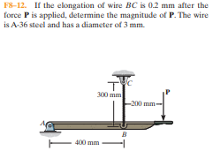 F8-12. If the elongation of wire BC is 0.2 mm after the
force Pis applied, determine the magnitude of P. The wire
is A-36 steel and has a diameter of 3 mm.
300 mm
-200 mm-
E 400 mm
