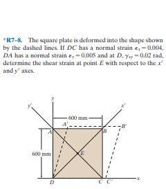 *R7-8. The square plate is deformed into the shape shown
by the dashed lines. If DC has a normal strain e,-0.004,
DA has a normal strain e,-0.005 and at D, yay- 0.02 rad,
determine the shear strain at point E with respect to the x'
and y' axes.
600 mm-
B'
600 mm
