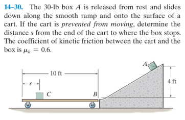 14-30. The 30-lb box A is released from rest and slides
down along the smooth ramp and onto the surface of a
cart. If the cart is prevented from moving, determine the
distance s from the end of the cart to where the box stops.
The coefficient of kinetic friction between the cart and the
box is µ = 0.6.
10 ft
4 ft
