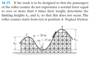 14-37. If the track is to be designed so that the passengers
of the roller coaster do not experience a normal force equal
to zero or more than 4 times their weight, determine the
limiting heights h and he so that this does not occur. The
roller coaster starts from rest at position A. Neglect friction.
Pc = 20 m
PB = 15 m
hc
