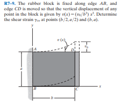 R7-9. The rubber block is fixed along edge AB, and
edge CD is moved so that the vertical displacement of any
point in the block is given by e(x) -(20/b') . Determine
the shear strain ysy at points (b/2, a/2) and (b, a).
14
