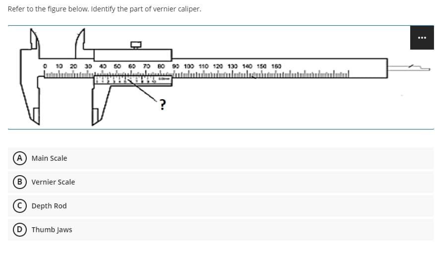 Refer to the figure below. Identify the part of vernier caliper.
...
O 10 20 30 40 50 60 70 B0 99 100 110 120 139 140 150 160
A Main Scale
B Vernier Scale
Depth Rod
(D) Thumb Jaws
