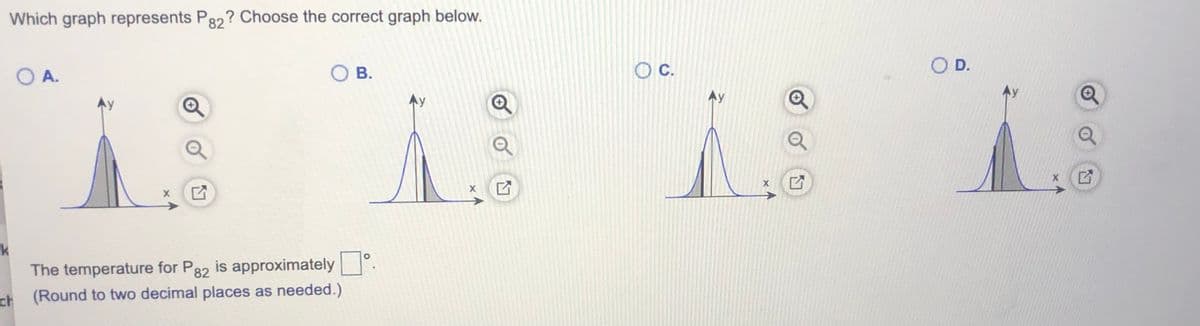 Which graph represents Pg2? Choose the correct graph below.
O B.
OC.
O D.
A.
Ay
Ay
k
The temperature for P82 is approximately
(Round to two decimal places as needed.)
