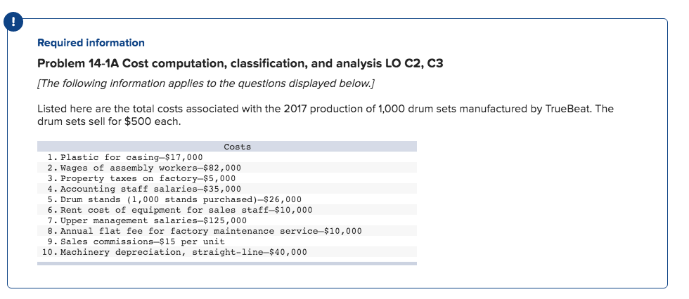 Required information
Problem 14-1A Cost computation, classification, and analysis LO C2, C3
[The following information applies to the questions displayed below.]
Listed here are the total costs associated with the 2017 production of 1,000 drum sets manufactured by TrueBeat. The
drum sets sell for $500 each.
Costs
1. Plastic for casing-$17,000
2. Wages of assembly workers-$82,000
3. Property taxes on factory-$5,000
4. Accounting staff salaries-$35,000
5. Drum stands (1,000 stands purchased)-$26,000
6. Rent cost of equipment for sales staff-$10,000
7. Upper management salaries-$125,000
8. Annual flat fee for factory maintenance service-$10,000
9. Sales commissions-$15 per unit
10. Machinery depreciation, straight-line-$40,000
