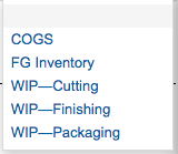 COGS
FG Inventory
WIP-Cutting
WIP-Finishing
WIP-Packaging
