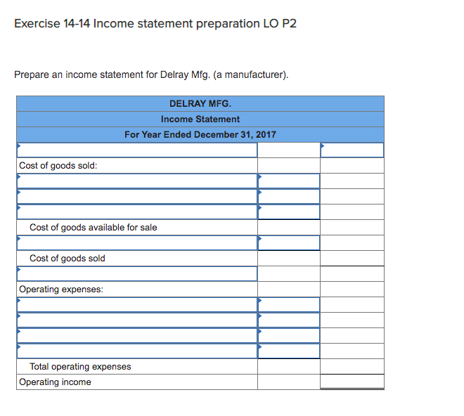 Exercise 14-14 Income statement preparation LO P2
Prepare an income statement for Delray Mfg. (a manufacturer).
DELRAY MFG.
Income Statement
For Year Ended December 31, 2017
Cost of goods sold:
Cost of goods available for sale
Cost of goods sold
Operating expenses:
Total operating expenses
Operating income
