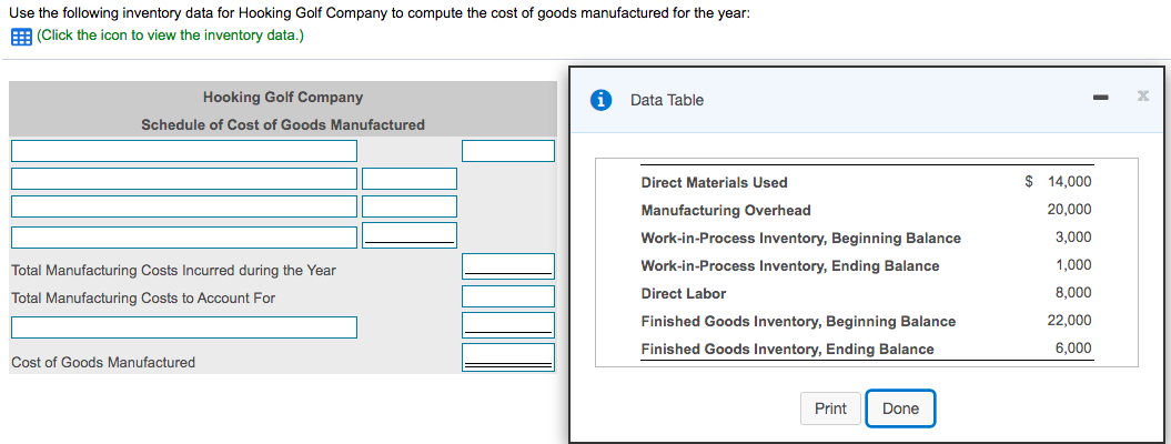 Use the following inventory data for Hooking Golf Company to compute the cost of goods manufactured for the year:
E (Click the icon to view the inventory data.)
Hooking Golf Company
Data Table
Schedule of Cost of Goods Manufactured
Direct Materials Used
$ 14,000
Manufacturing Overhead
20,000
Work-in-Process Inventory, Beginning Balance
3,000
Total Manufacturing Costs Incurred during the Year
Work-in-Process Inventory, Ending Balance
1,000
Total Manufacturing Costs to Account For
Direct Labor
8,000
Finished Goods Inventory, Beginning Balance
22,000
Finished Goods Inventory, Ending Balance
6,000
Cost of Goods Manufactured
Print
Done
