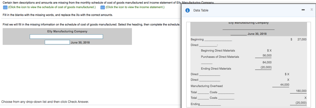 Certain item descriptions and amounts are missing from the monthly schedule of cost of goods manufactured and income statement of Elly Manufacturing Company
E (Click the icon to view the schedule of cost of goods manufactured.)
E (Click the icon to view the income statement.)
Data Table
Fill in the blanks with the missing words, and replace the Xs with the correct amounts.
Elly Manuracturing Company
First we will fill in the missing information on the schedule of cost of goods manufactured. Select the heading, then complete the schedule.
Elly Manufacturing Company
June 30, 2018
Beginning
27,000
June 30, 2018
Direct
Beginning Direct Materials
$ X
56,000
Purchases of Direct Materials
84,000
Ending Direct Materials
(20,000)
Direct
$ X
Direct
Manufacturing Overhead
44,000
180,000
Total
Costs
Total
Costs
Choose from any drop-down list and then click Check Answer.
Ending
(25,000)
