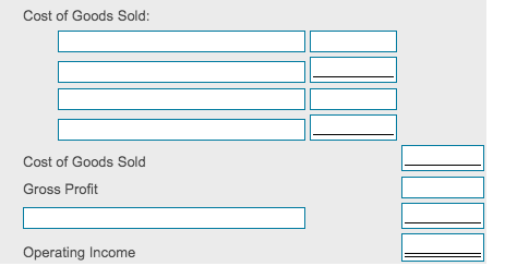 Cost of Goods Sold:
Cost of Goods Sold
Gross Profit
Operating Income
