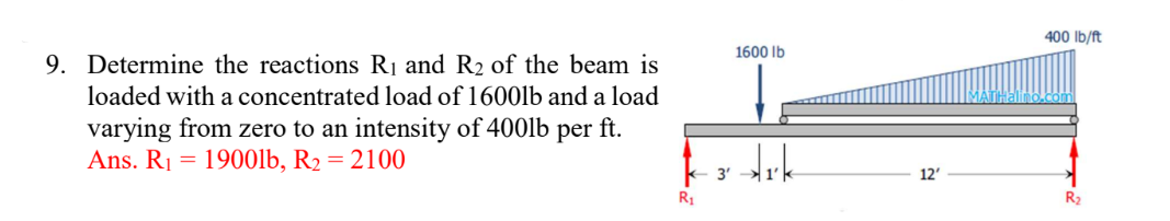 9. Determine the reactions R₁ and R₂ of the beam is
loaded with a concentrated load of 1600lb and a load
varying from zero to an intensity of 400lb per ft.
Ans. R₁ = 1900lb, R₂ = 2100
R₁
3'
1600 lb
Ark
12'
400 lb/ft
MAUhalino.com
R₂