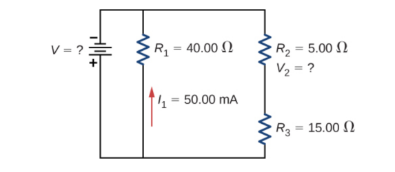 V= ?
Hilt
R1 = 40.00 Ω
11 = 50.00 mA
' R2 = 5.00 Ω
V2 = ?
| Rg = 15.00 Ω
R3