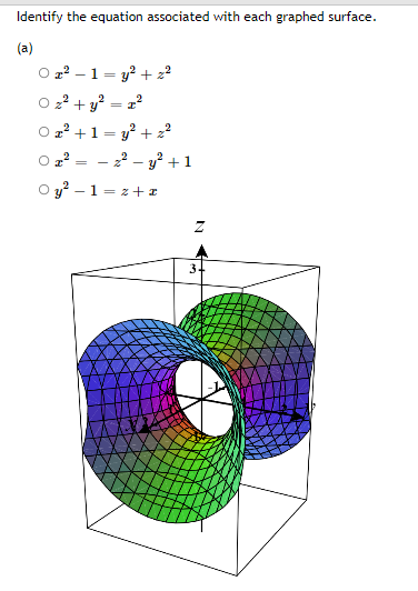 Identify the equation associated with each graphed surface.
(a)
z' – 1 = y? + z?
%3D
22 + y? = z
= T"
O 2° +1 = y? + 2?
z² – y? + 1
O y² – 1 = z+ r
Oz'+1
%3D
2 -
||
