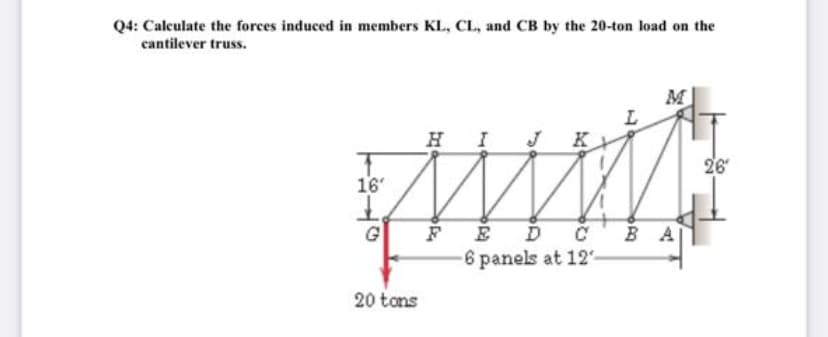 Q4: Calculate the forces induced in members KL, CL, and CB by the 20-ton load on the
cantilever truss.
H
K
26
16'
FÉ D C
6 panels at 12
20 tons
