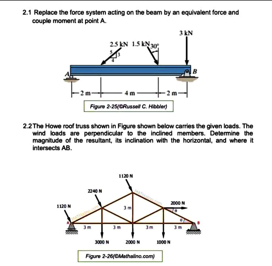 2.1 Replace the force system acting on the beam by an equivalent force and
couple moment at point A.
1120 N
Figure 2-25(@Russell C. Hibbler)
2240 N
2.5 kN 1.5 kN 30°
3m
2.2 The Howe roof truss shown in Figure shown below carries the given loads. The
wind loads are perpendicular to the inclined members. Determine the
magnitude of the resultant, its inclination with the horizontal, and where it
intersects AB.
3000 N
4 m
1120 N
3m
3 m
2000 N
3m
Figure 2-26(©Mathalino.com)
3 kN
1000 N
2000 N
0
B
8
3m