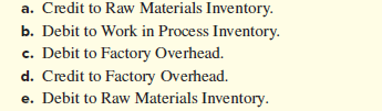 a. Credit to Raw Materials Inventory.
b. Debit to Work in Process Inventory.
c. Debit to Factory Overhead.
d. Credit to Factory Overhead.
e. Debit to Raw Materials Inventory.
