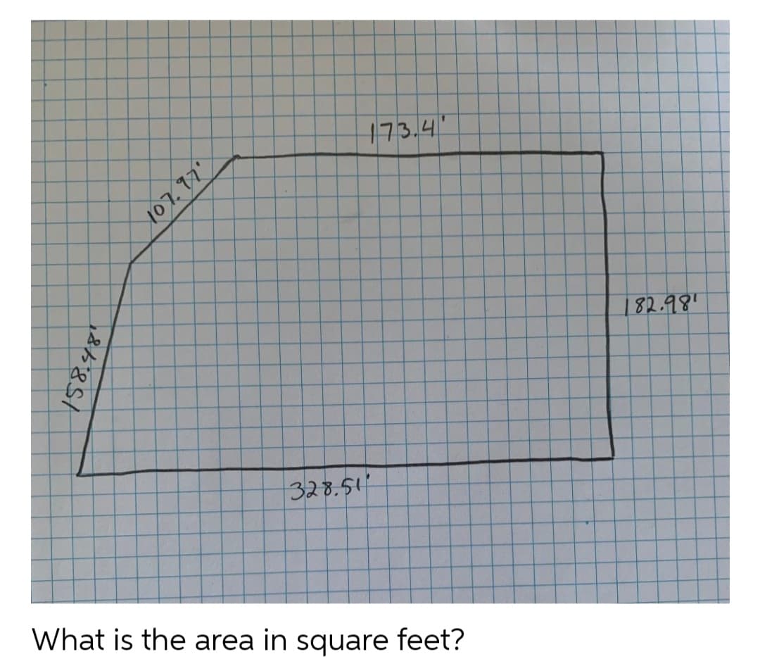 173.4"
182.98'
328.51'
What is the area in square feet?

