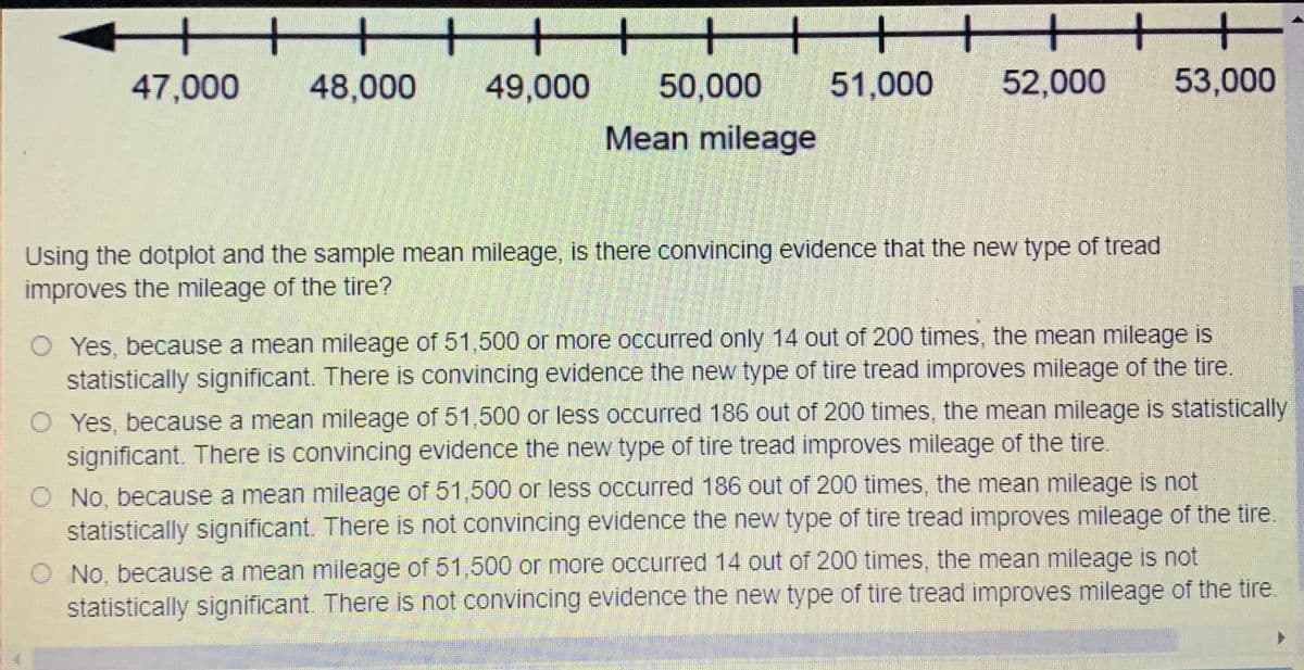 ++
+
+++
47,000
48,000 49,000
50,000
51,000
52,000
53,000
Mean mileage
Using the dotplot and the sample mean mileage, is there convincing evidence that the new type of tread
improves the mileage of the tire?
Yes, because a mean mileage of 51,500 or more occurred only 14 out of 200 times, the mean mileage is
statistically significant. There is convincing evidence the new type of tire tread improves mileage of the tire.
Yes, because a mean mileage of 51,500 or less occurred 186 out of 200 times, the mean mileage is statistically
significant. There is convincing evidence the new type of tire tread improves mileage of the tire.
O No, because a mean mileage of 51,500 or less occurred 186 out of 200 times, the mean mileage is not
statistically significant. There is not convincing evidence the new type of tire tread improves mileage of the tire.
No, because a mean mileage of 51,500 or more occurred 14 out of 200 times, the mean mileage is not
statistically significant. There is not convincing evidence the new type of tire tread improves mileage of the tire.
