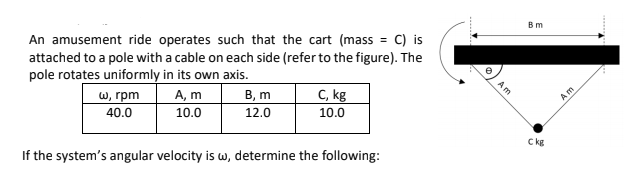 An amusement ride operates such that the cart (mass = C) is
attached to a pole with a cable on each side (refer to the figure). The
pole rotates uniformly in its own axis.
A, m
10.0
В т
e
w, rpm
40.0
В, m
C, kg
Am
12.0
10.0
If the system's angular velocity is w, determine the following:
C kg
Am
