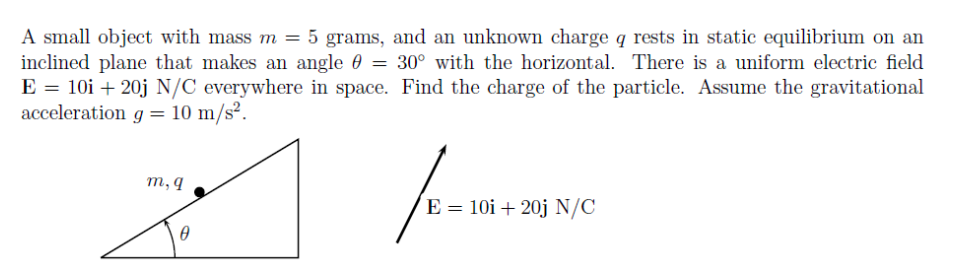 A small object with mass m = 5 grams, and an unknown charge q rests in static equilibrium on an
inclined plane that makes an angle 0 = 30° with the horizontal. There is a uniform electric field
E = 10i + 20j N/C everywhere in space. Find the charge of the particle. Assume the gravitational
acceleration g = 10 m/s².
m, q
E = 10i + 20j N/C
