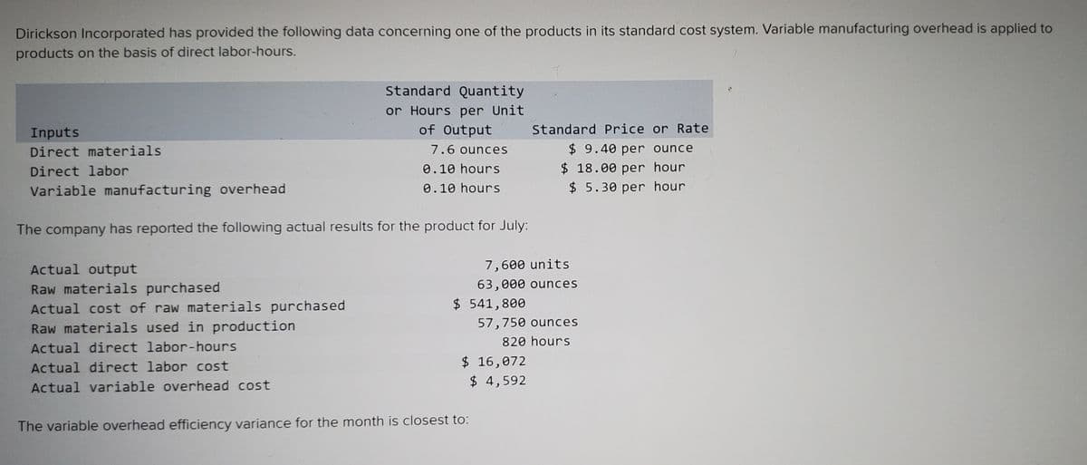 Dirickson Incorporated has provided the following data concerning one of the products in its standard cost system. Variable manufacturing overhead is applied to
products on the basis of direct labor-hours.
Standard Quantity
or Hours per Unit
of Output
Inputs
Standard Price or Rate
$ 9.40 per ounce
$ 18.00 per hour
$ 5.30 per hour
Direct materials
7.6 ounces
Direct labor
0.10 hours
Variable manufacturing overhead
0.10 hours
The company has reported the following actual results for the product for July:
Actual output
7,600 units
Raw materials purchased
63,000 ounces
Actual cost of raw materials purchased
$ 541,800
Raw materials used in production
57,750 ounces
820 hours
Actual direct labor-hours
$ 16,072
$ 4,592
Actual direct labor cost
Actual variable overhead cost
The variable overhead efficiency variance for the month is closest to:
