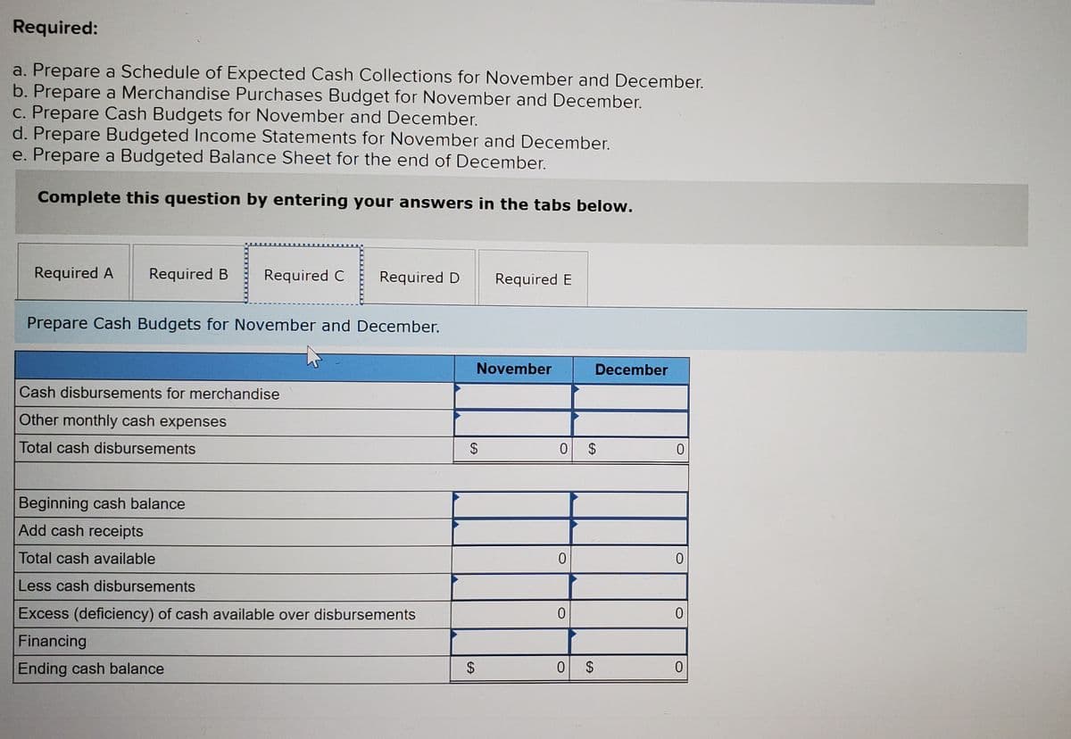 Required:
a. Prepare a Schedule of Expected Cash Collections for November and December.
b. Prepare a Merchandise Purchases Budget for November and December.
c. Prepare Cash Budgets for November and December.
d. Prepare Budgeted Income Statements for November and December.
e. Prepare a Budgeted Balance Sheet for the end of December.
Complete this question by entering your answers in the tabs below.
Required A
Required B
Required C
Required D
Required E
Prepare Cash Budgets for November and December.
November
December
Cash disbursements for merchandise
Other monthly cash expenses
Total cash disbursements
$
0 $
Beginning cash balance
Add cash receipts
Total cash available
Less cash disbursements
Excess (deficiency) of cash available over disbursements
Financing
Ending cash balance
0 $
%24
%24
