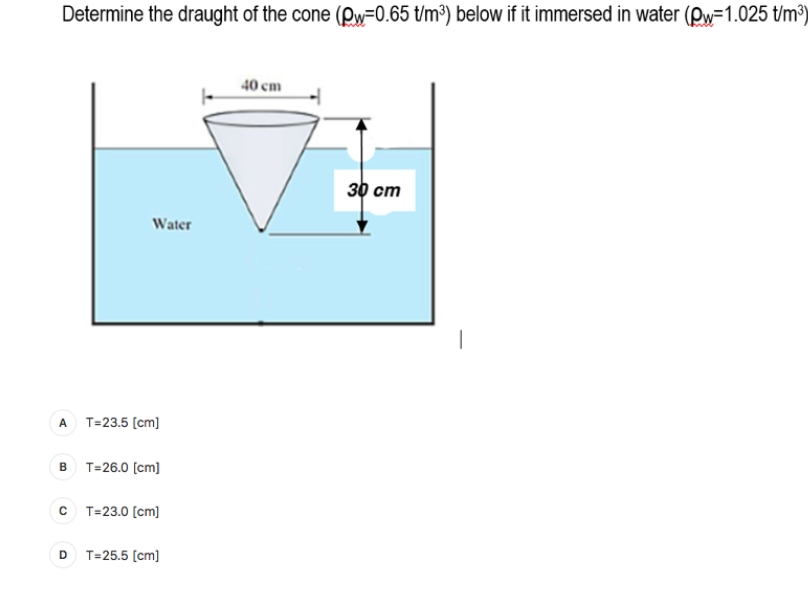 Determine the draught of the cone (Pw=0.65 t/m³) below if it immersed in water (Pw=1.025 t/m³
40 cm
зр ст
Water
A T=23.5 [cm]
B
T=26.0 (cm]
c T=23.0 [cm]
D
T=25.5 (cm]
