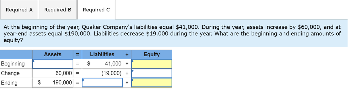 Required A Required B Required C
At the beginning of the year, Quaker Company's liabilities equal $41,000. During the year, assets increase by $60,000, and at
year-end assets equal $190,000. Liabilities decrease $19,000 during the year. What are the beginning and ending amounts of
equity?
Beginning
Change
Ending
Assets
=
60,000 =
$ 190,000 =
Liabilities +
41,000 +
(19,000) +
$
+
Equity