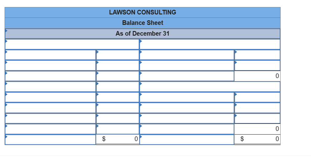 $
LAWSON CONSULTING
Balance Sheet
As of December 31
0
$
0
0
0
