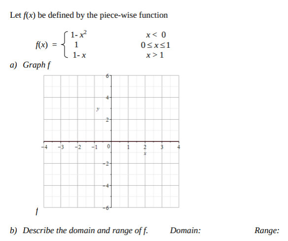 Let f(x) be defined by the piece-wise function
´ 1- x²
x< 0
f(x)
1
Osx<1
1- x
x>1
a) Graph f
2-
-1
b) Describe the domain and range of f.
Domain:
Range:
