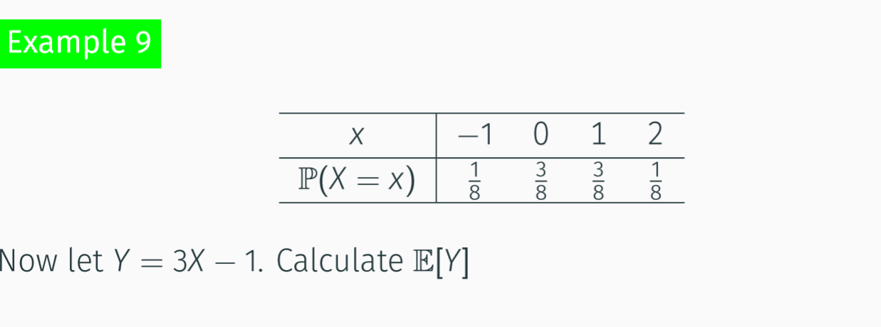 Example 9
-1
3
3
Р(Х %3Dх)
8
Now let Y = 3X – 1. Calculate E[Y]
M|8|
