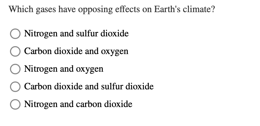 Which gases have opposing effects on Earth's climate?
Nitrogen and sulfur dioxide
Carbon dioxide and oxygen
Nitrogen and oxygen
Carbon dioxide and sulfur dioxide
Nitrogen and carbon dioxide
