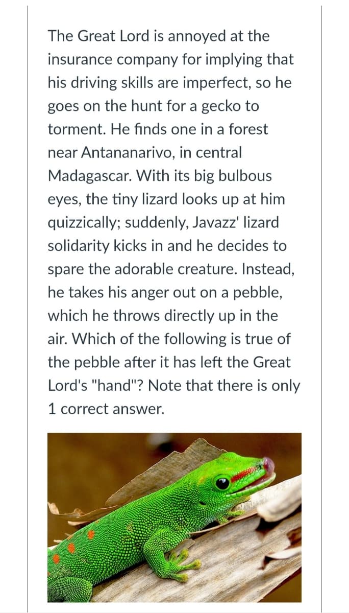 The Great Lord is annoyed at the
insurance company for implying that
his driving skills are imperfect, so he
goes on the hunt for a gecko to
torment. He finds one in a forest
near Antananarivo, in central
Madagascar. With its big bulbous
eyes, the tiny lizard looks up at him
quizzically; suddenly, Javazz' lizard
solidarity kicks in and he decides to
spare the adorable creature. Instead,
he takes his anger out on a pebble,
which he throws directly up in the
air. Which of the following is true of
the pebble after it has left the Great
Lord's "hand"? Note that there is only
1 correct answer.
