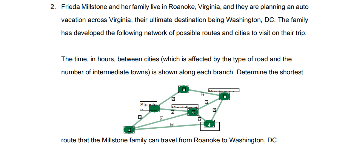 2. Frieda Millstone and her family live in Roanoke, Virginia, and they are planning an auto
vacation across Virginia, their ultimate destination being Washington, DC. The family
has developed the following network of possible routes and cities to visit on their trip:
The time, in hours, between cities (which is affected by the type of road and the
number of intermediate towns) is shown along each branch. Determine the shortest
Weebingten
Stayate
Charletteaui
route that the Millstone family can travel from Roanoke to Washington, DC.
