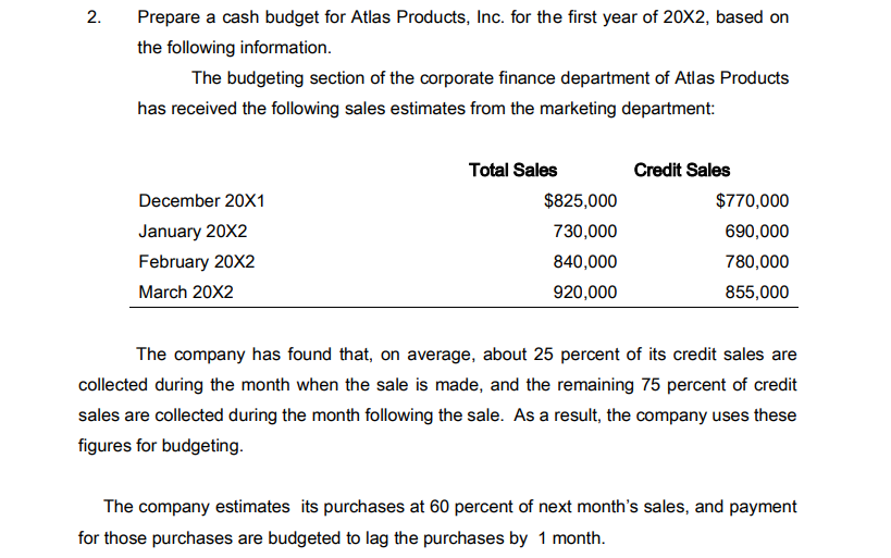 Prepare a cash budget for Atlas Products, Inc. for the first year of 20X2, based on
the following information.
The budgeting section of the corporate finance department of Atlas Products
has received the following sales estimates from the marketing department:
Total Sales
Credit Sales
December 20X1
$825,000
$770,000
January 20X2
730,000
690,000
February 20X2
840,000
780,000
March 20X2
920,000
855,000
The company has found that, on average, about 25 percent of its credit sales are
collected during the month when the sale is made, and the remaining 75 percent of credit
sales are collected during the month following the sale. As a result, the company uses these
figures for budgeting.
The company estimates its purchases at 60 percent of next month's sales, and payment
for those purchases are budgeted to lag the purchases by 1 month.
2.
