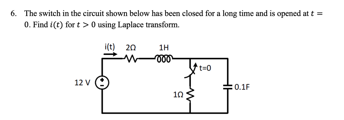 6. The switch in the circuit shown below has been closed for a long time and is opened at t =
0. Find i(t) for t > 0 using Laplace transform.
i(t)
12 V (
202
1H
000
102
t=0
: 0.1F