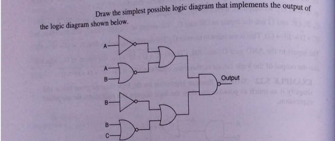 Draw the simplest possible logic diagram that implements the output of
the logic diagram shown below.
A-
A-
B-
Output
B-
