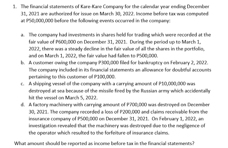 1. The financial statements of Kare-Kare Company for the calendar year ending December
31, 2021 are authorized for issue on March 30, 2022. Income before tax was computed
at P50,000,000 before the following events occurred in the company:
a. The company had investments in shares held for trading which were recorded at the
fair value of P600,000 on December 31, 2021. During the period up to March 1,
2022, there was a steady decline in the fair value of all the shares in the portfolio,
and on March 1, 2022, the fair value had fallen to P500,000.
b. A customer owing the company P300,000 filed for bankruptcy on February 2, 2022.
The company included in its financial statements an allowance for doubtful accounts
pertaining to this customer of P100,000.
c. A shipping vessel of the company with a carrying amount of P10,000,000 was
destroyed at sea because of the missile fired by the Russian army which accidentally
hit the vessel on March 5, 2022.
d. A factory machinery with carrying amount of P700,000 was destroyed on December
30, 2021. The company recorded a loss of P200,000 and claims receivable from the
insurance company of P500,000 on December 31, 2021. On February 1, 2022, an
investigation revealed that the machinery was destroyed due to the negligence of
the operator which resulted to the forfeiture of insurance claims.
What amount should be reported as income before tax in the financial statements?
