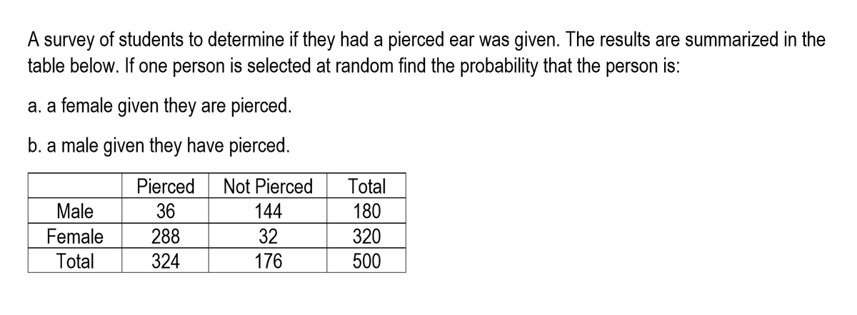 A survey of students to determine if they had a pierced ear was given. The results are summarized in the
table below. If one person is selected at random find the probability that the person is:
a. a female given they are pierced.
b. a male given they have pierced.
Pierced
Not Pierced
Total
Male
36
144
180
Female
288
32
320
Total
324
176
500
