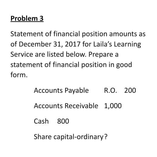 Problem 3
Statement of financial position amounts as
of December 31, 2017 for Laila's Learning
Service are listed below. Prepare a
statement of financial position in good
form.
Accounts Payable
R.O. 200
Accounts Receivable 1,000
Cash 800
Share capital-ordinary?
