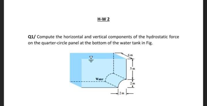 H-W 2
Q1/ Compute the horizontal and vertical components of the hydrostatic force
on the quarter-circle panel at the bottom of the water tank in Fig.
Water
2m
