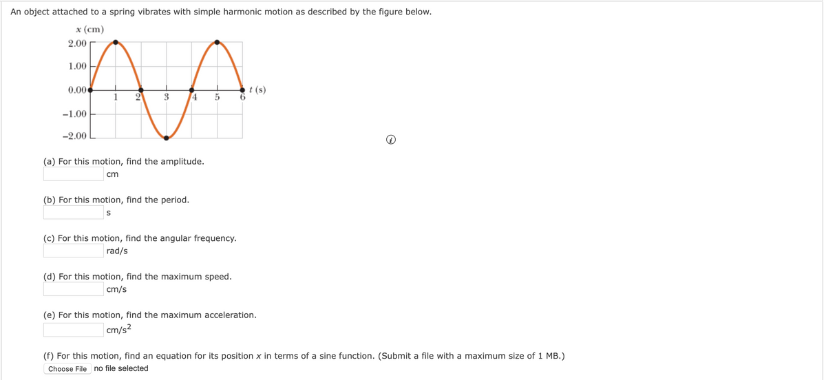 An object attached to a spring vibrates with simple harmonic motion as described by the figure below.
x (cm)
2.00
1.00
0.00
t (s)
1
2
3
4 5
-1.00
-2.00
(a) For this motion, find the amplitude.
cm
(b) For this motion, find the period.
S
(c) For this motion, find the angular frequency.
rad/s
(d) For this motion, find the maximum speed.
cm/s
(e) For this motion, find the maximum acceleration.
cm/s?
(f) For this motion, find an equation for its position x in terms of a sine function. (Submit a file with a maximum size of 1 MB.)
Choose File
no file selected
