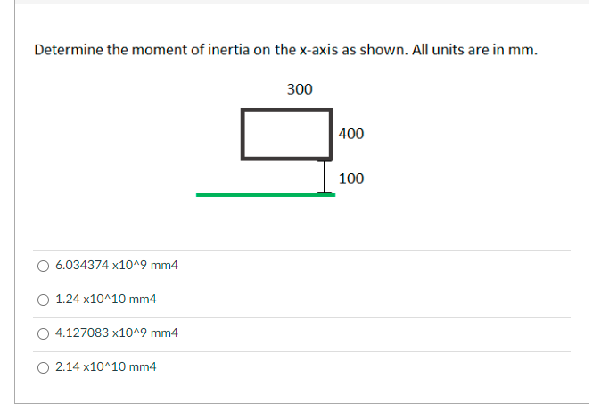 Determine the moment of inertia on the x-axis as shown. All units are in mm.
300
400
100
6.034374 x10^9 mm4
1.24 x10^10 mm4
4.127083 x10^9 mm4
O 2.14 x10^10 mm4
