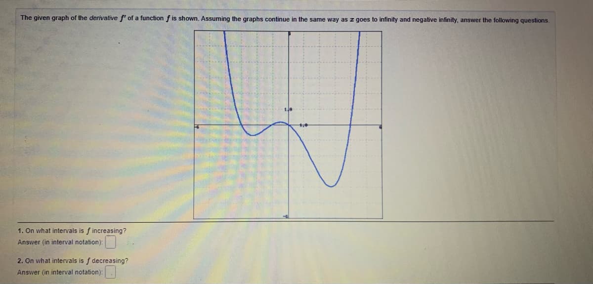 The given graph of the derivative f' of a function f is shown. Assuming the graphs continue in the same way as z goes to infinity and negative infinity, answer the following questions.
1. On what intervals is f increasing?
Answer (in interval notation):
2. On what intervals is f decreasing?
Answer (in interval notation):
