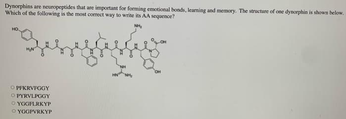 Dynorphins are neuropeptides that are important for forming emotional bonds, learning and memory. The structure of one dynorphin is shown below.
Which of the following is the most correct way to write its AA sequence?
NH,
NH
HNNH,
O PFKRVFGGY
O PYRVLPGGY
O YGGFLRKYP
O YGGPVRKYP
