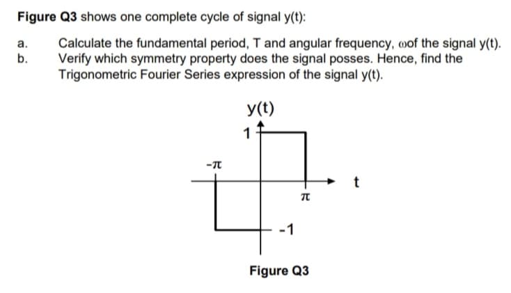Figure Q3 shows one complete cycle of signal y(t):
Calculate the fundamental period, T and angular frequency, wof the signal y(t).
Verify which symmetry property does the signal posses. Hence, find the
Trigonometric Fourier Series expression of the signal y(t).
a.
b.
y(t)
1
t
-1
Figure Q3
